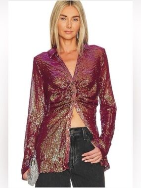 Free People Magenta Sequin Long Sleeve Button Down Shirtee Top Size Small
